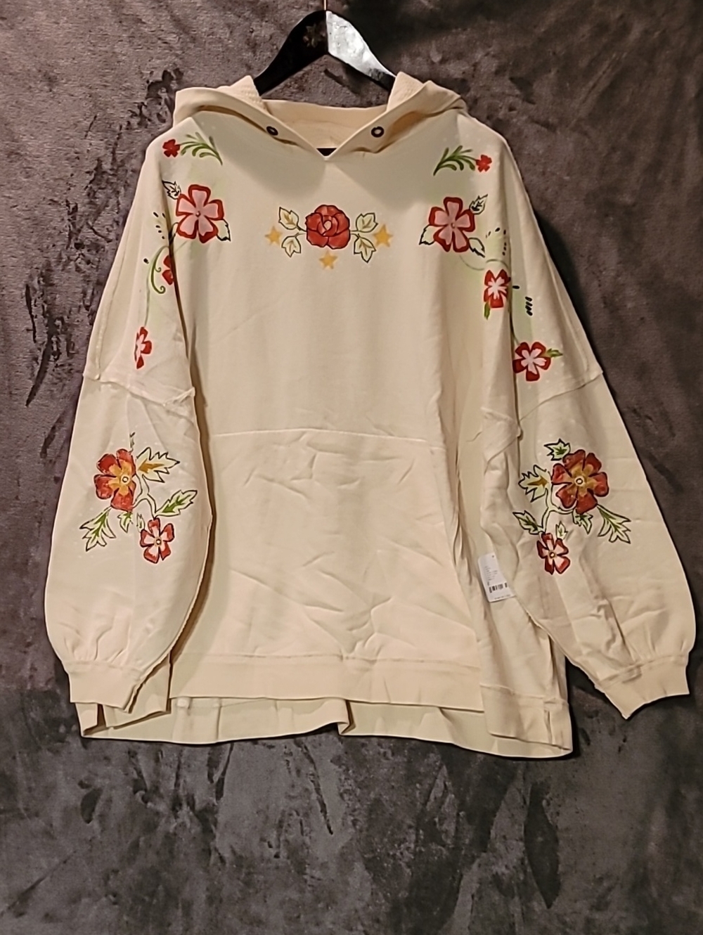 We The Free Ivory Floral Hoodie Sweatshirt with Pink and Yellow Embroidery - Picture 2 of 8